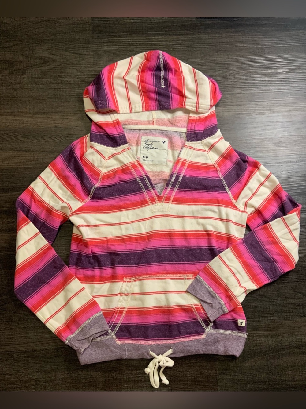American Eagle Outfitters Cream, Pink & Purple Striped Hooded Pullover